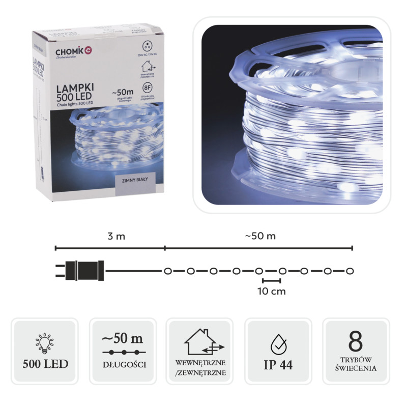 Гирлянда-струна на катушке Chomik, 49,9+3 м, 500 LED холодный белый (2428080139)
