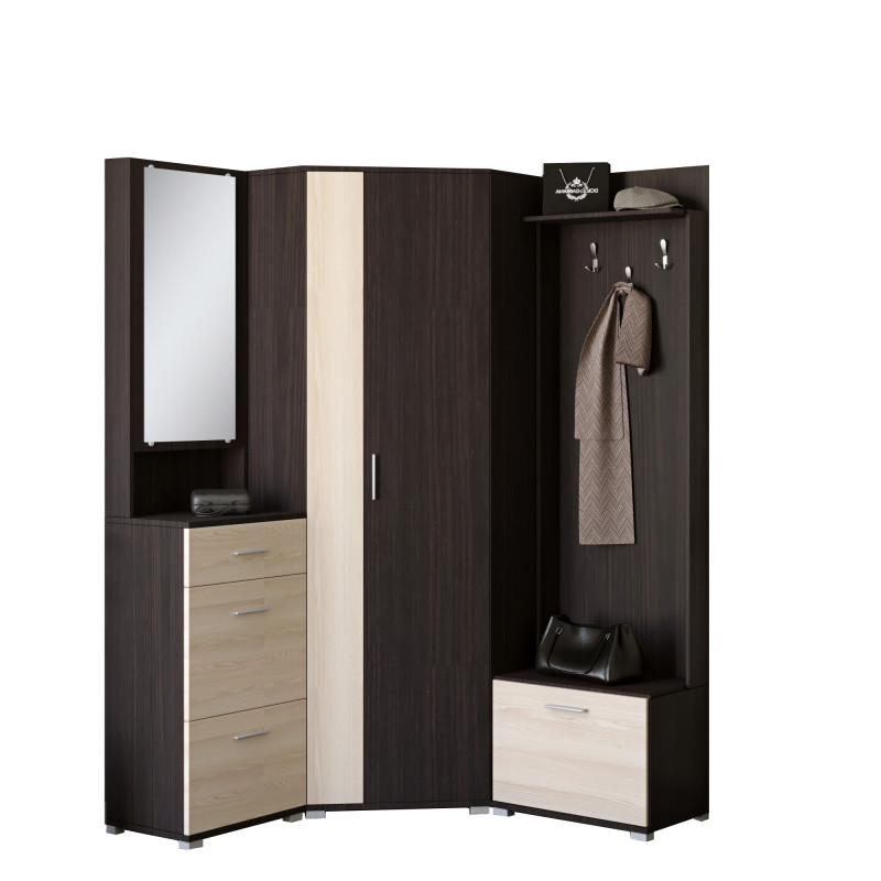 Прихожая Бриз-3 с угловым шкафом ШКУ-14 (3 элемента) венге + дуб молочный (9041)