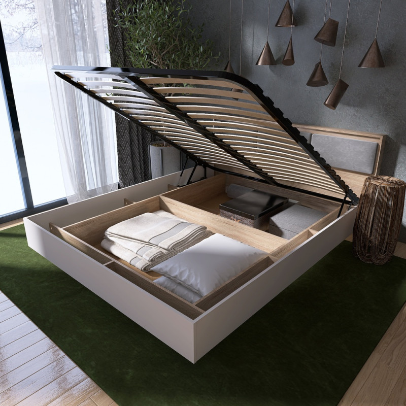 Двуспальная кровать с подъемным механизмом Сити-1600 200,5х168,8х82,6 см Дуб сонома/Белый (31544)