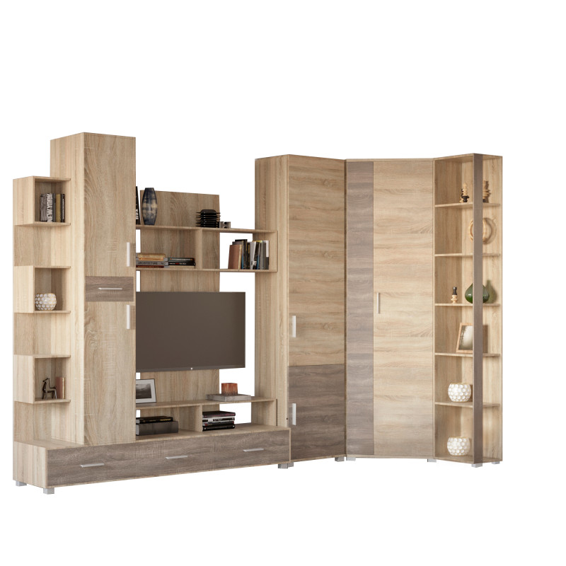 Стенка Бриз + Пенал 15 + Угловой шкаф ШКУ-14 + Пенал 18 сонома+трюфель (8623)