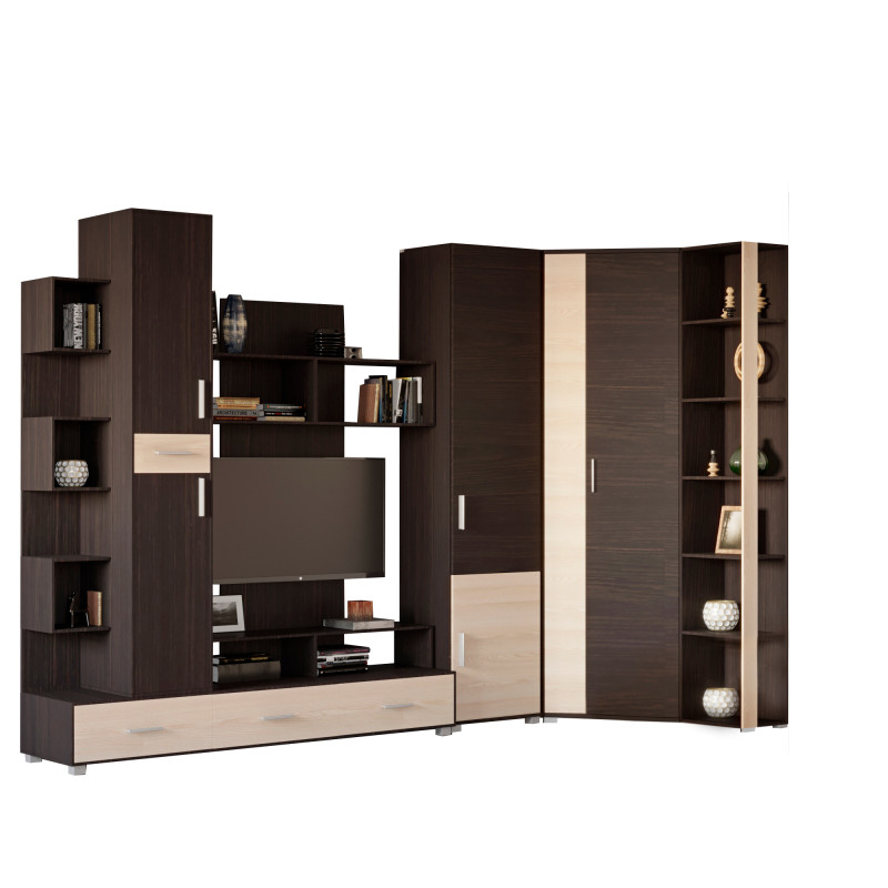 Стенка Бриз + Пенал 15 + Угловой шкаф ШКУ-14 + Пенал 18 венге+дуб молочный (8635)