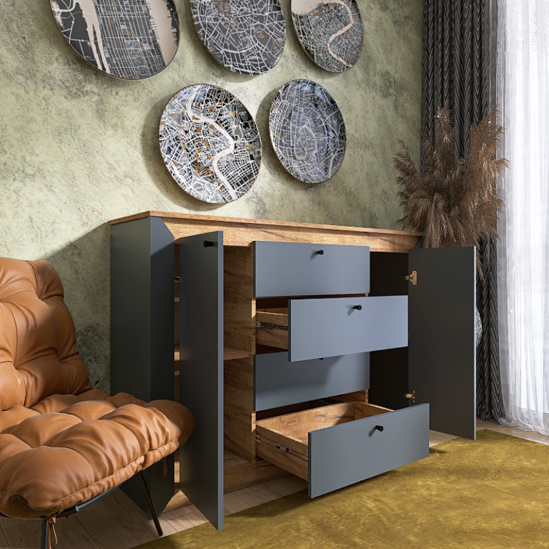 Комод в спальню Нордик-1400 140х38х95 см Графит + Дуб крафт золотой (13266)