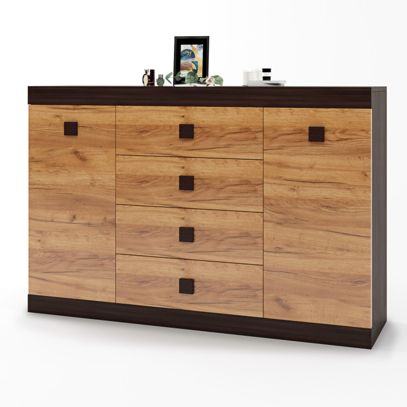 Большой комод на 4 ящика Соната-8 140х38х94 венге темный + дуб крафт золотой (8458)