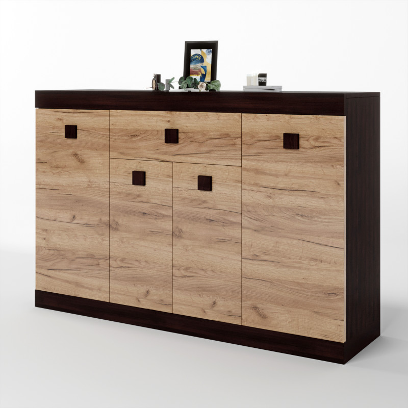 Большой комод с дверями и ящиком Соната-7 140х38х94 венге темный + дуб крафт золотой (8461)