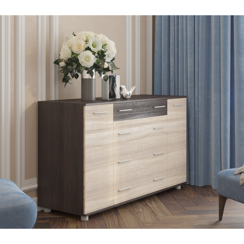 Комод для вещей К-4 130х38х73 венге темный+дуб молочный Телескопические (шариковые) (8472)