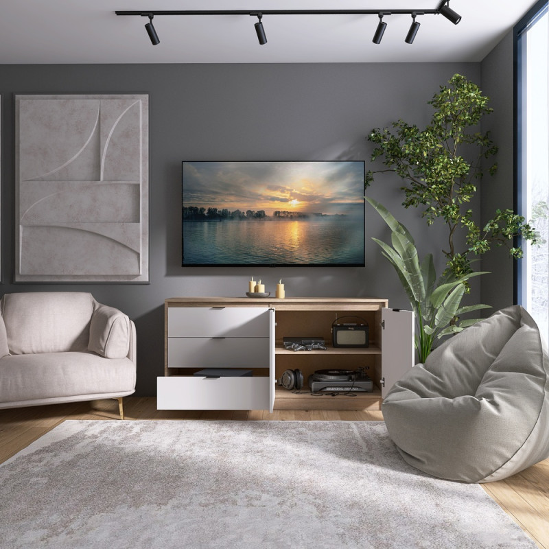 Большой комод с дверями и 3-мя ящиками Сити-1500 150,2х38х74,6 Дуб сонома/Белый (31558)