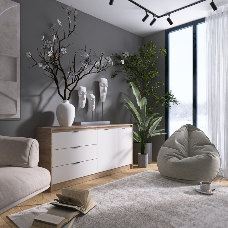 Большой комод с дверями и 3-мя ящиками Сити-1500 150,2х38х74,6 Дуб сонома/Белый (31558)