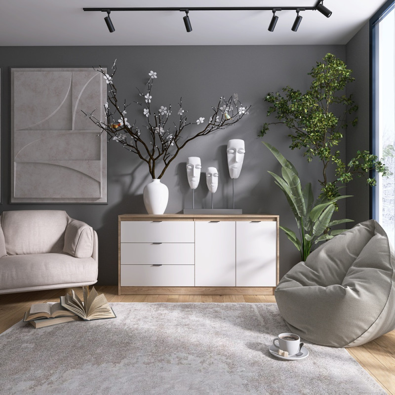 Большой комод с дверями и 3-мя ящиками Сити-1500 150,2х38х74,6 Дуб сонома/Белый (31558)