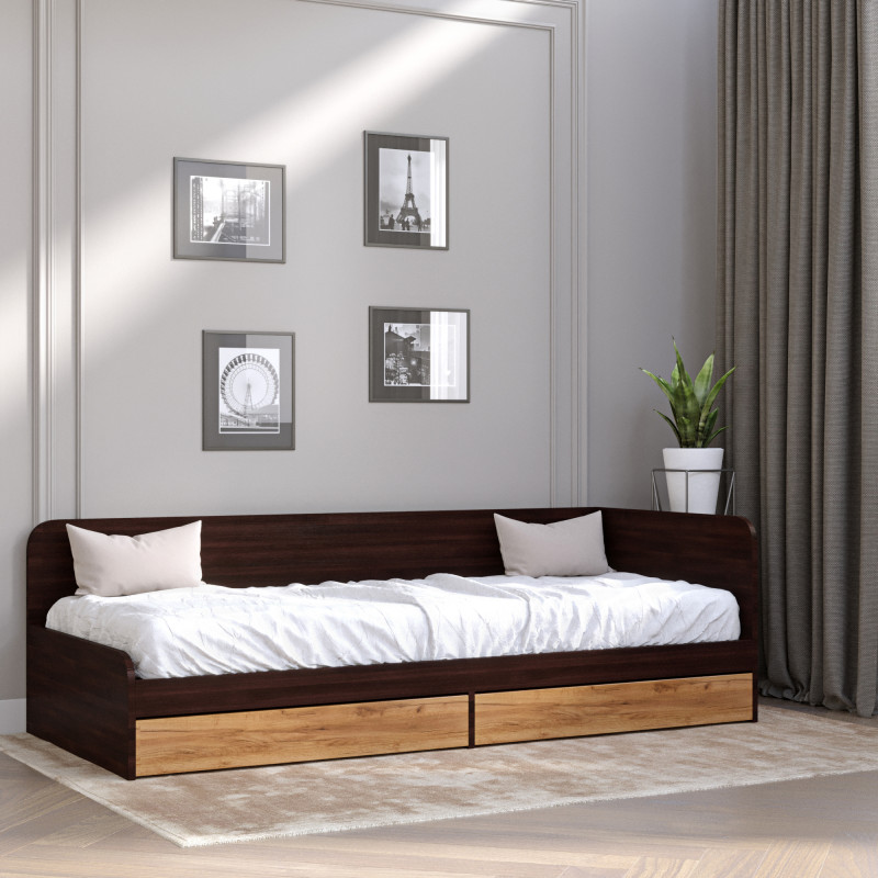 Односпальная кровать с ящиками Соната-800 80х190 см венге темный + дуб крафт золотой (8415)