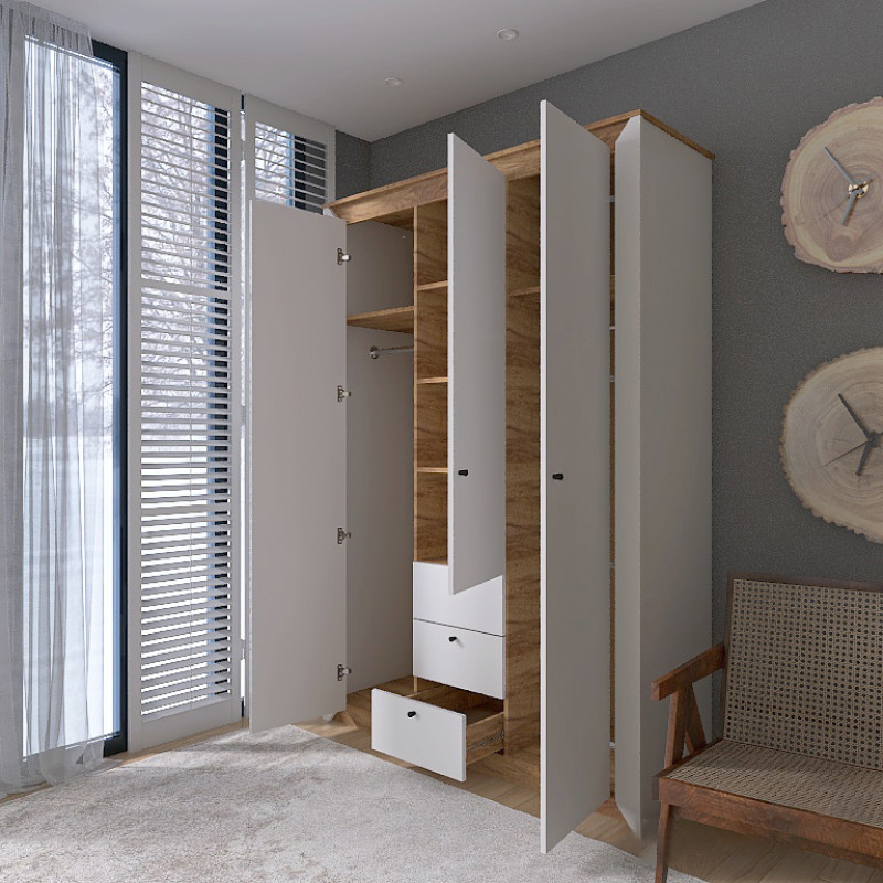 Шкаф трехдверный Нордик-1400 Белый + Дуб крафт золотой (13271)