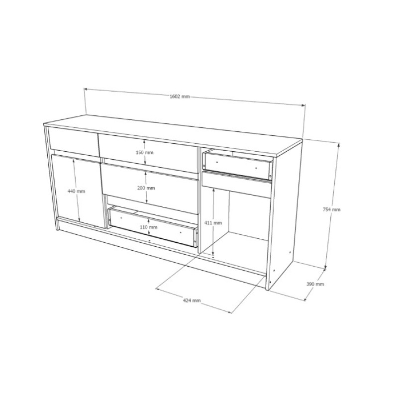 Большой комод с дверью и ящиками Стайл-1600 160,2х39х75,4 см Нимфея Альба (белый)/Бетон (38413)
