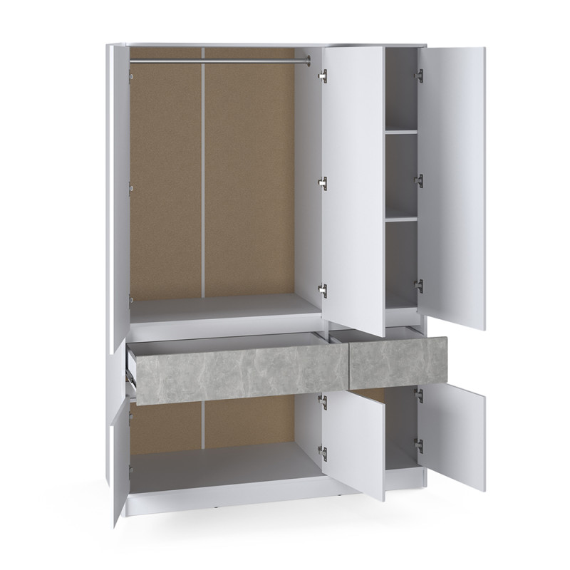 Шкаф распашный для одежды с выдвижными ящиками (полки - штанга) Стайл-1400 140х53х203 см Нимфея Альба (белый)/Бетон (38415)