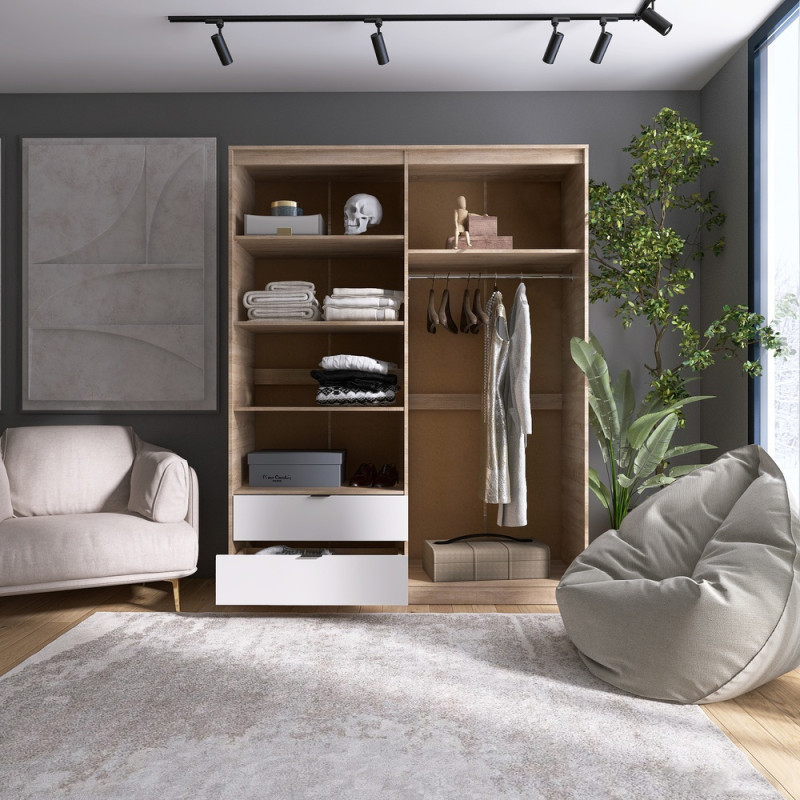 Шафа распашная для одежды с выдвижными ящиками (полки - штанга) Сити-1600 160,2х50х204,6 см Дуб сонома/Белый (31531)