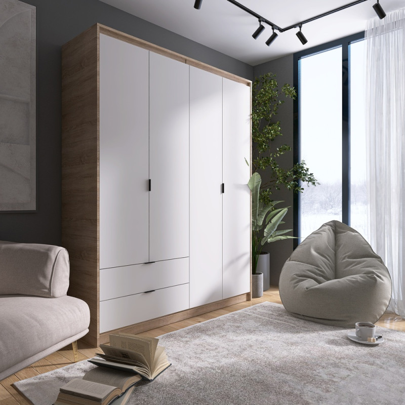 Шафа распашная для одежды с выдвижными ящиками (полки - штанга) Сити-1600 160,2х50х204,6 см Дуб сонома/Белый (31531)