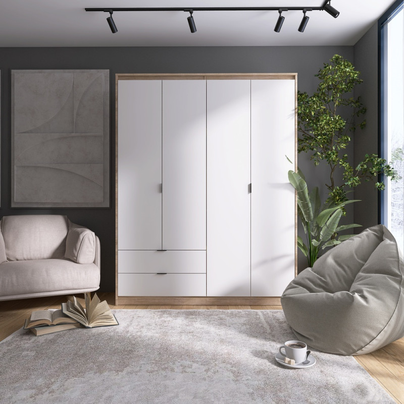 Шафа распашная для одежды с выдвижными ящиками (полки - штанга) Сити-1600 160,2х50х204,6 см Дуб сонома/Белый (31531)