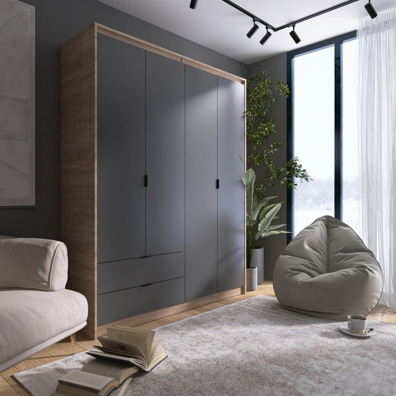 Шкаф распашной для одежды с выдвижными ящиками (полки-полки) Сити-1600 160,2х50х204,6 см Дуб сонома/Графит (31533)