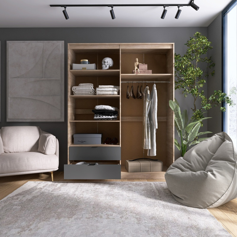 Шафа распашная для одежды с выдвижными ящиками (полки - штанга) Сити-1600 160,2х50х204,6 см Дуб сонома/Графит (31534)