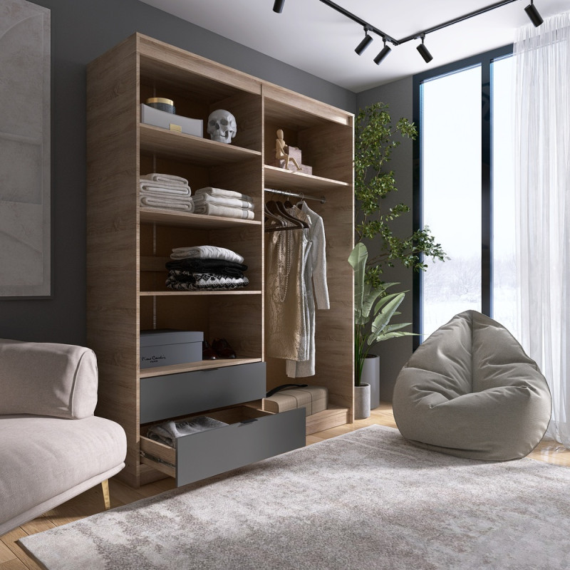 Шафа распашная для одежды с выдвижными ящиками (полки - штанга) Сити-1600 160,2х50х204,6 см Дуб сонома/Графит (31534)