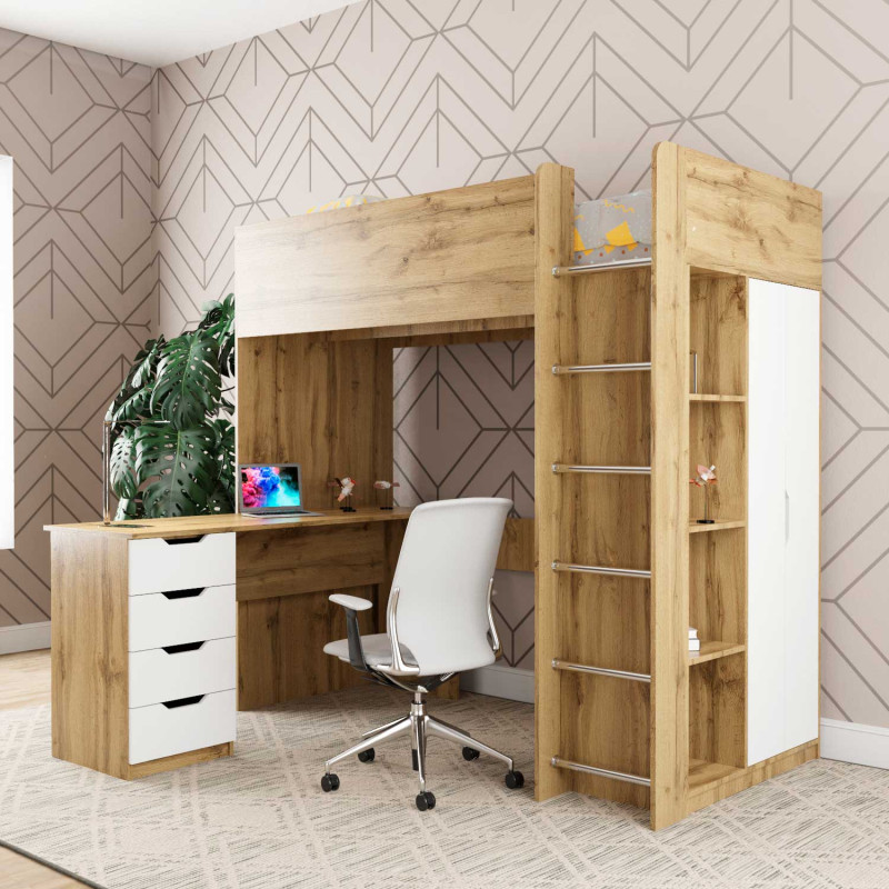 Кровать-чердак детский Binky ДЮС33 Дуб крафт золотой и Белый супермат (BK03120020000)