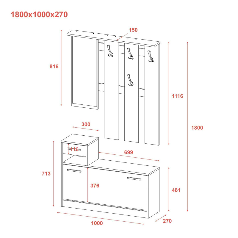 Прихожая Alice Дуб Эвок/Кашемир 1 зеркало 100х27х182.9 (44900360)