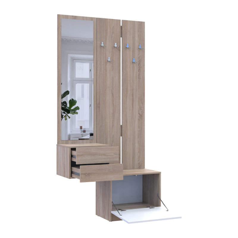 Прихожая Сола 2+3 Дуб Сонома/Белый ДСП/зеркало 105х40х215 (42005148)