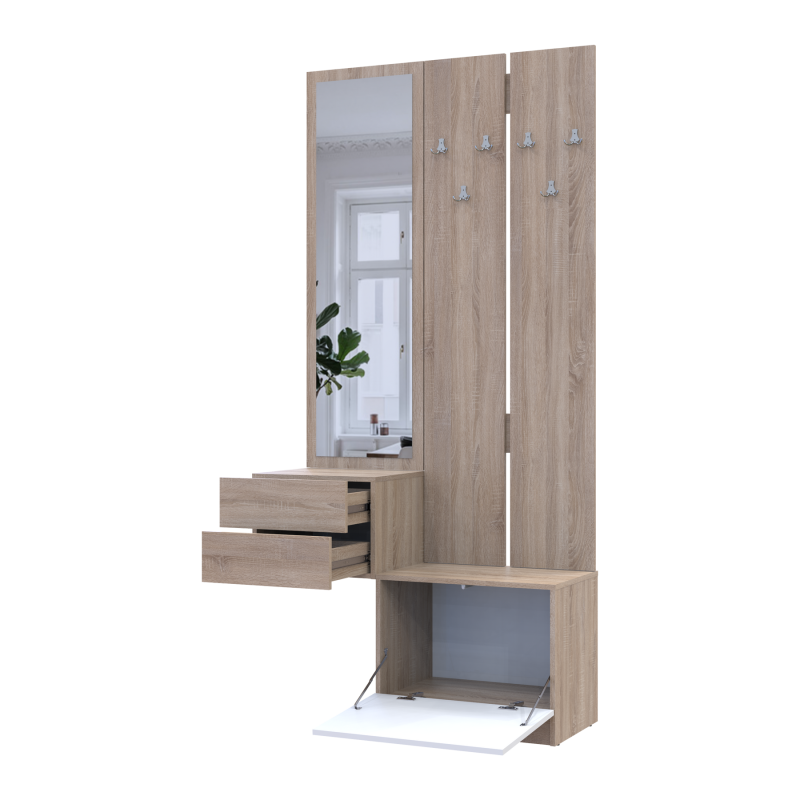 Прихожая Сола 2+3 Дуб Сонома/Белый ДСП/зеркало 105х40х215 (42005148)
