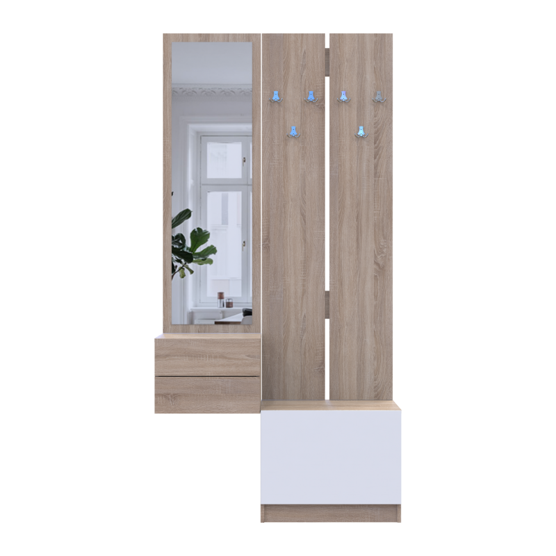 Прихожая Сола 2+3 Дуб Сонома/Белый ДСП/зеркало 105х40х215 (42005148)