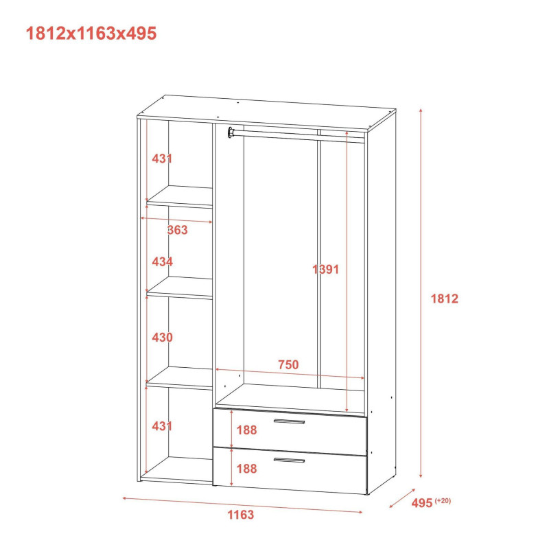 Распашной шкаф для одежды Эктор Белый 3 ДСП 116х49.5х180 (80737076)