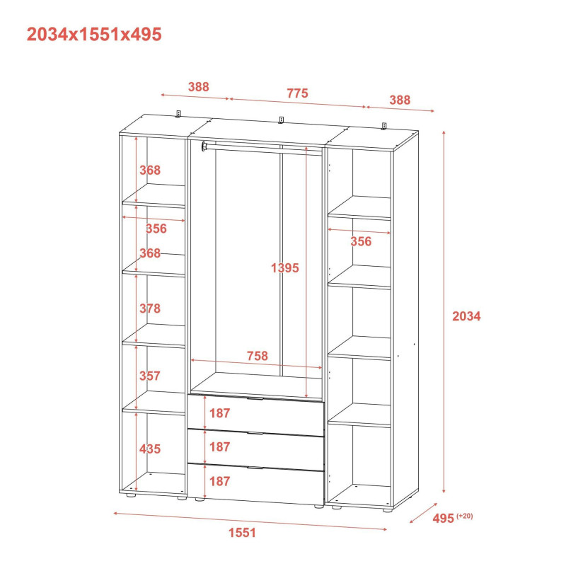 Распашная шкаф для одежды Гелар Дуб Cонома 4 ДСП 155х49,5х203,4 (80397560)