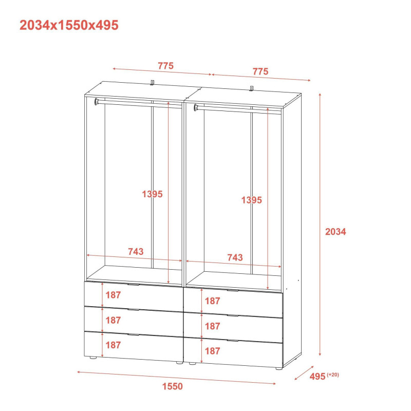 Распашной шкаф для одежды Гелар комплект Графит 2+2 ДСП 155х49,5х203,4 (42002131)