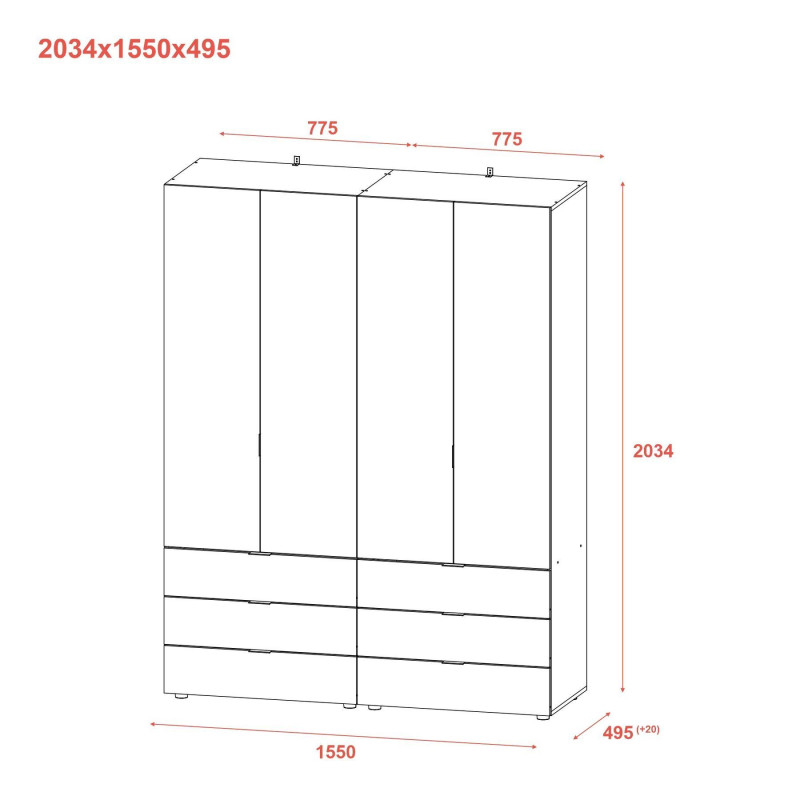 Распашной шкаф для одежды Гелар комплект Кашемир 2+2 ДСП 155х49.5х203.4 (80737637)