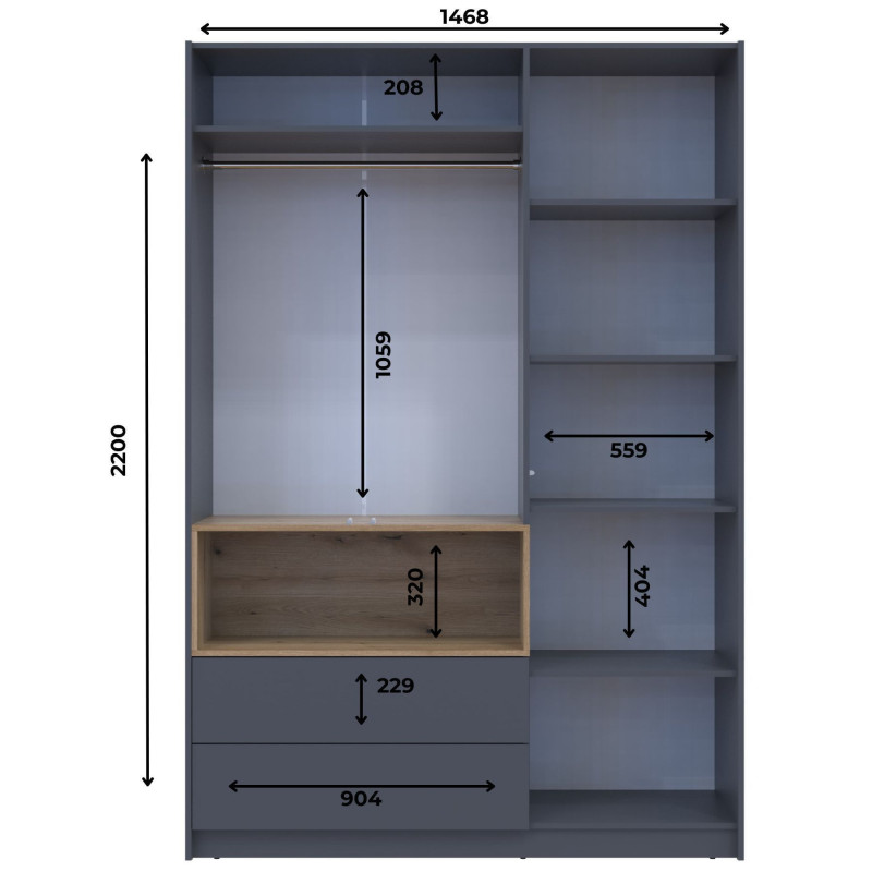 Шкаф для одежды с нишей Дэйл Графит/Дуб Эвок 3 ДСП 150х52х220 (80737723)