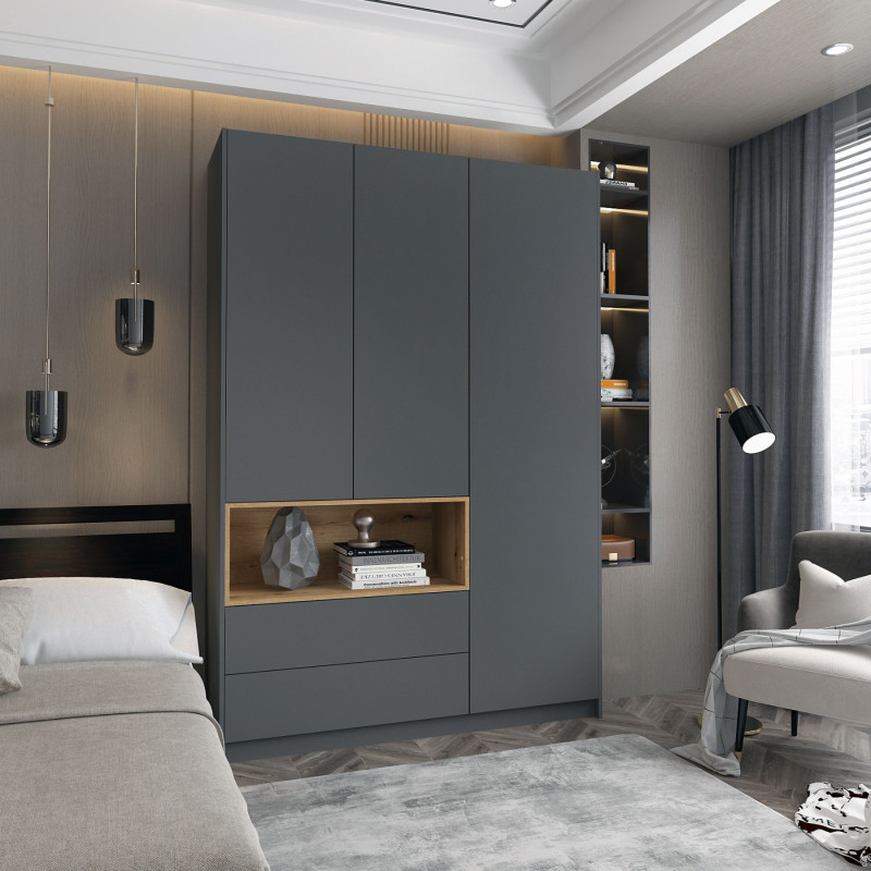 Шкаф для одежды с нишей Дэйл Графит/Дуб Эвок 3 ДСП 150х52х220 (80737723)