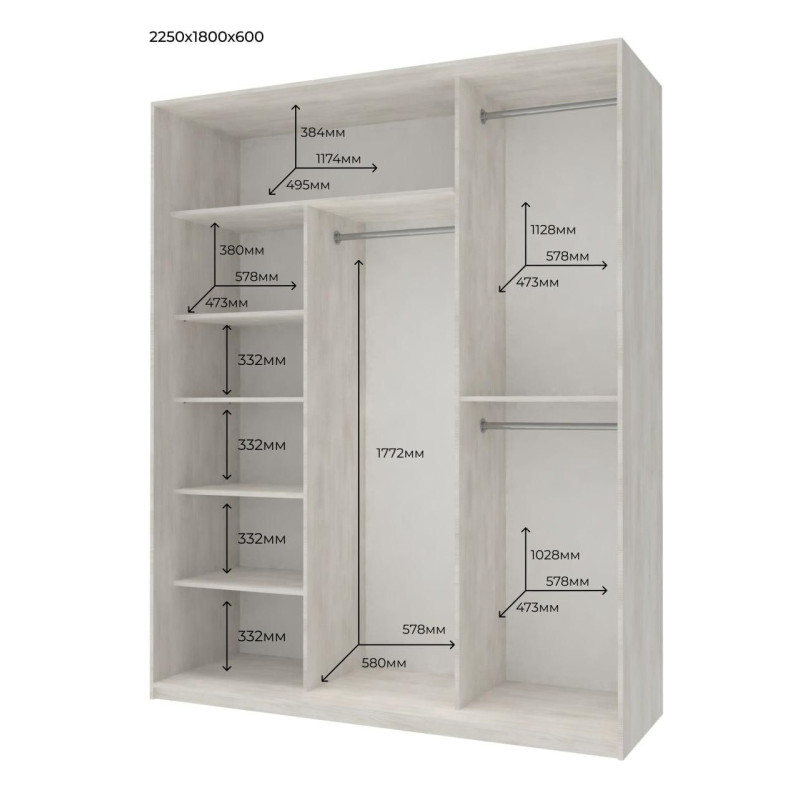 Шкаф купе Сити Лайт Белое дерево 2 ДСП / 1 Зеркало 180х60х225 (42002046)