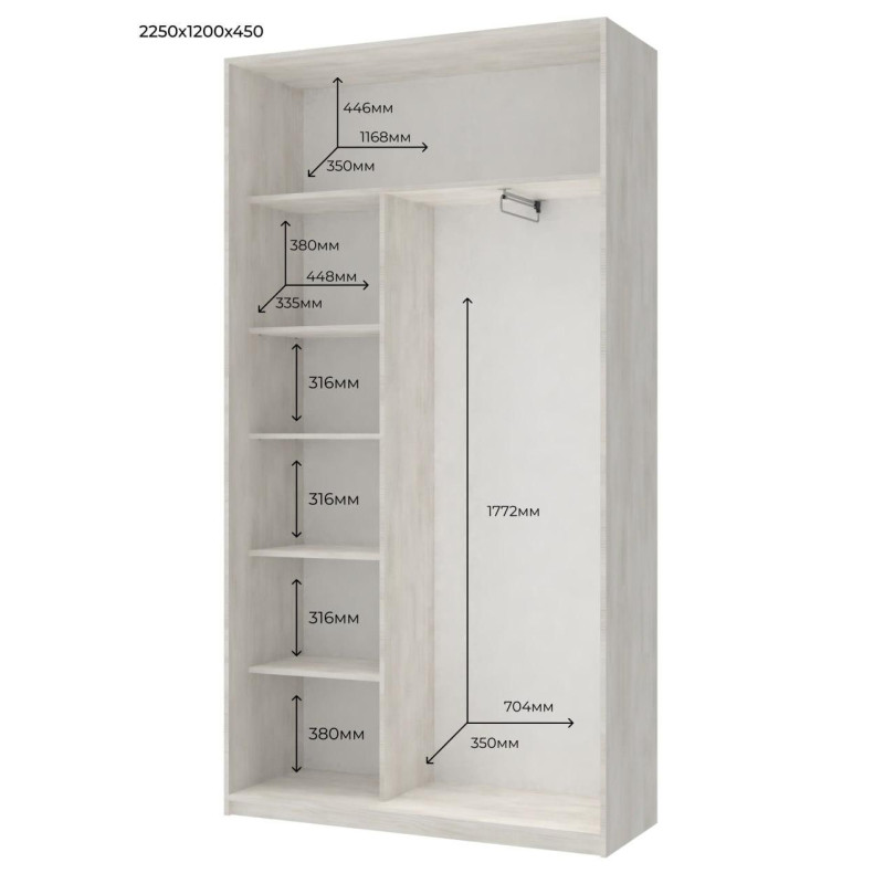 Шкаф купе Сити Лайт Белое дерево 1 ДСП / 1 Зеркало 120х45х225 (42002044)