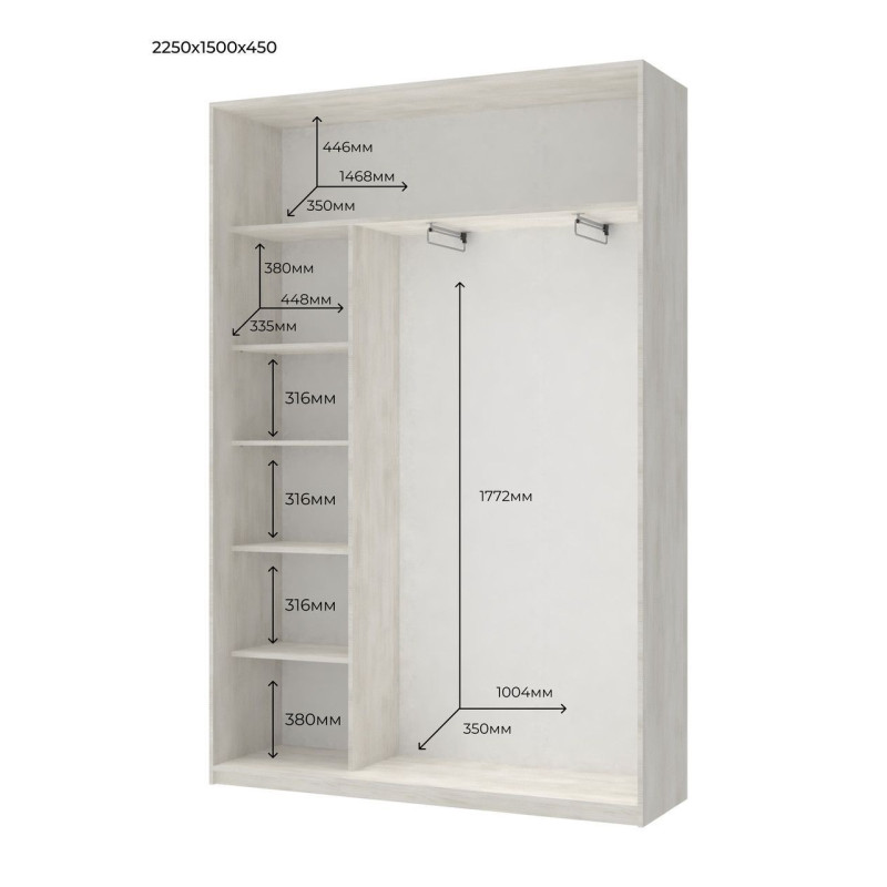 Шкаф купе Сити Лайт Белое дерево 1 ДСП / 1 Зеркало 150х45х225 (42002060)