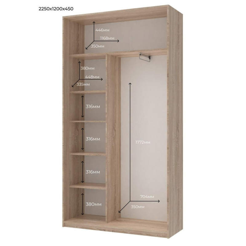 Шкаф купе Сити Лайт Дуб Cонома 2 Зеркала 120х45х225 (44900068)