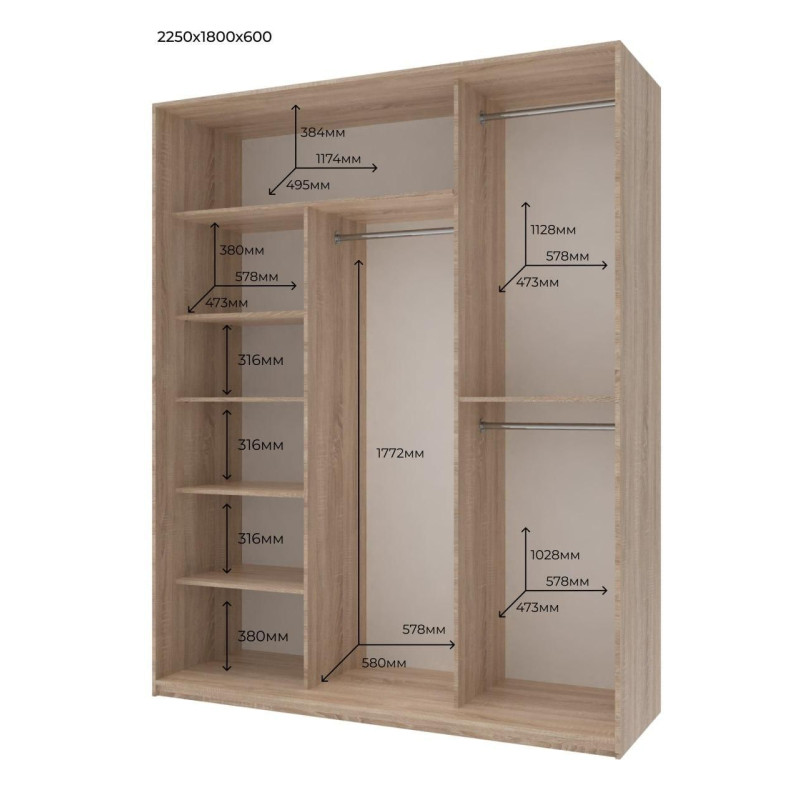 Шкаф купе Сити Лайт Дуб Cонома 1 ДСП / 2 Зеркала 180х60х225 (44900030)