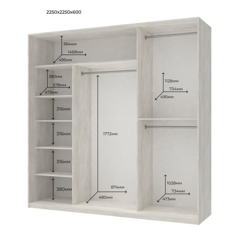 Шкаф купе Сити Лайт Белое дерево 3 ДСП 225х60х225 (42002005)