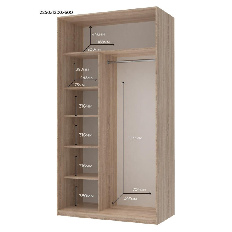 Шкаф купе Сити Лайт Дуб Cонома 2 Зеркала 120х60х225 (42002036)