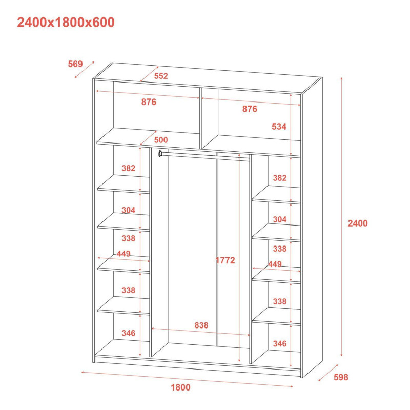 Шкаф купе G-Caiser Белый / Дуб Эвок 2 ДСП / 3 части 180х60х240 (42005020)