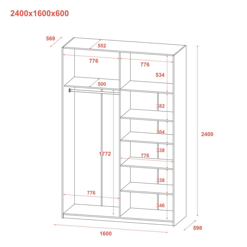 Шкаф купе G-Caiser Графит Дуб Эвок 2 ДСП 160х60х240 (42005074)