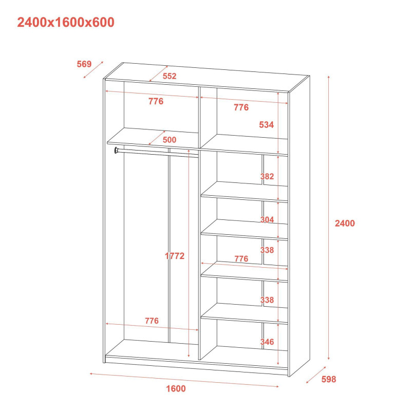 Шкаф купе G-Caiser Белый Графит 2 ДСП / 3 части 160х60х240 (42005087)