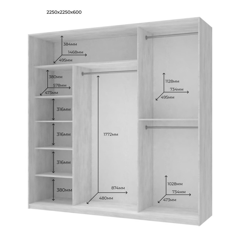 Шкаф купе Сити Лайт Кашемир 3 ДСП 225х60х225 (80736377)